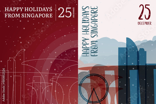 Vector posters and cards set for winter holiday greetings from Singapore – Christmas, New Year. Designs with national landmarks, festive elements. Printable, editable