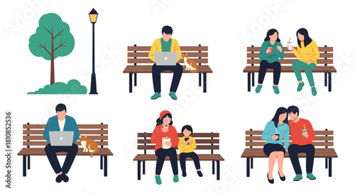 Diverse group of people enjoying a park setting, some working on laptops, others socializing and relaxing.