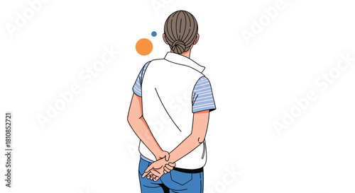 Young woman from behind in a white vest and blue striped shirt contemplating with thought bubbles.