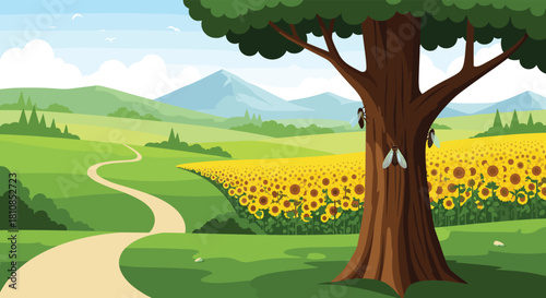 A winding path leads through rolling green hills to a field of sunflowers with a large tree in the foreground.