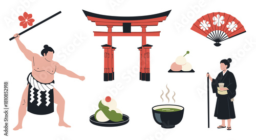 Collection of Japanese cultural icons including a sumo wrestler, torii gate, and tea ceremony elements.