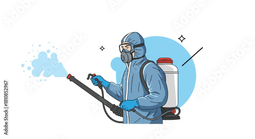 A person in a hazmat suit spraying disinfectant from a backpack sprayer for sanitation purposes.