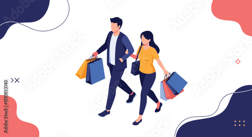 Young couple walking together with shopping bags in their arms.