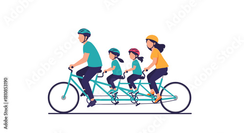 Family riding a long tandem bicycle together wearing helmets and helmets.