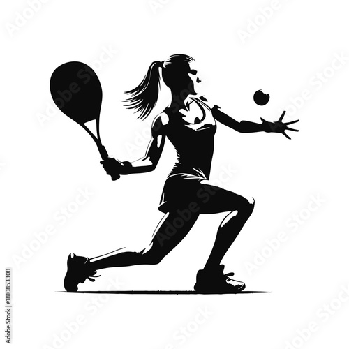 Female Tennis and Padel Player Silhouette Vector. Woman athlete executing low backhand volley in lunging pose isolated on white.