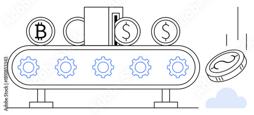 Conveyor belt moving currency symbols thumbs up Bitcoin, USD coins, and cash through gears, showcasing conversion process. Ideal for finance, cryptocurrency, technology, automation, innovation