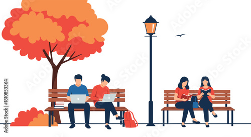 People enjoying autumn in a park, studying and reading on benches under a colorful tree.