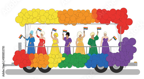 Drag queens on a rainbow-decorated float wave pride flags at a parade.