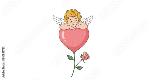 Cute cupid angel resting on a pink heart shaped balloon with a rose below.