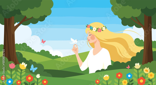 A blonde woman wearing a flower crown holds a white dove in a sunlit meadow with trees and flowers.