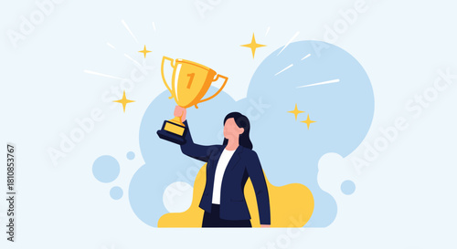 A woman in a suit holds up a golden trophy with a number one on it, celebrating her achievement.