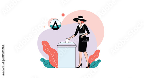 A woman in a hat and dress casts a ballot into a voting box, with abstract shapes and plants in the background.