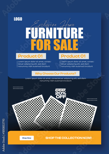 Modern furniture sale advertisement with qr codes and discount offers for home decor and interior design