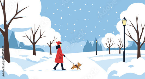 A person in a red coat walks their small dog on a leash through a snowy park with bare trees and lampposts.