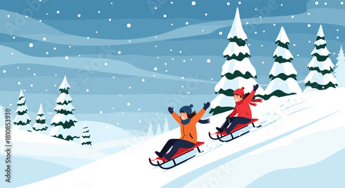 Two children enjoying sledding down a snowy hill on a winter day with snow falling.