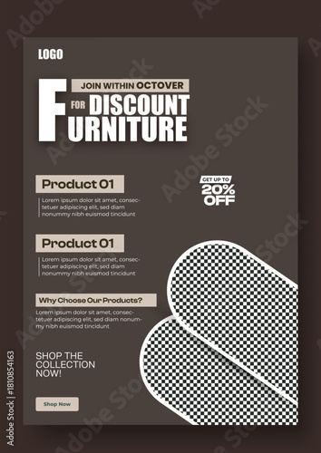 Modern discount furniture sale advertisement featuring stylish product images and special offers for home decor