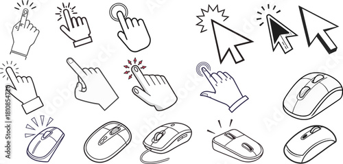 Set of computer mouse cursors and click/tap hand gestures in clean outline style. Ideal for UI/UX, app interfaces, tutorials, infographics and web navigation. Vector EPS.