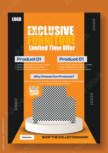 Exclusive furniture sale featuring a stylish sofa on a pedestal with special offers and limited time discount