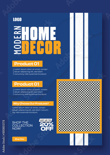 Modern home decor sale banner with discount offer and geometric design elements on blue background