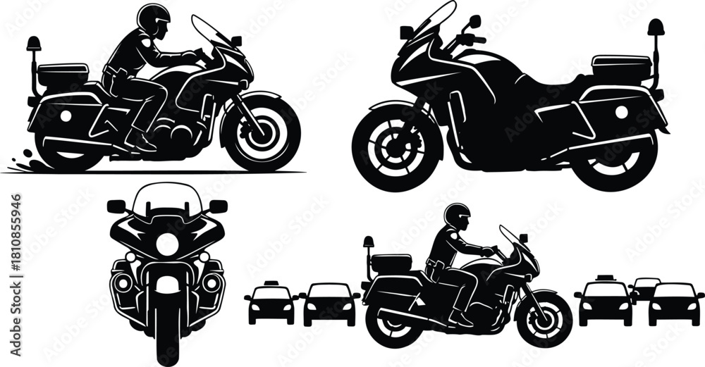Obraz premium Police motorcycle vector illustration set: officer on bike side view, solo bike side and front views, officer navigating traffic scene, highlighting law enforcement transportation. Vector