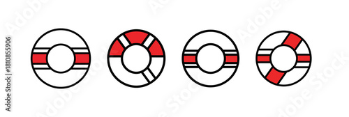 Four lifebuoys with red stripes, arranged in a row on a white background.