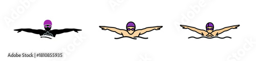 A sequence of three illustrations depicting the butterfly swimming stroke against a white background.