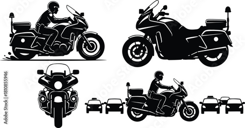 Police motorcycle vector illustration set: officer on bike side view, solo bike side and front views, officer navigating traffic scene, highlighting law enforcement transportation. Vector