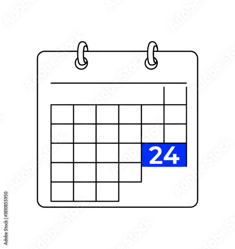 A simple line art illustration of a calendar page with the date 24 highlighted in blue.