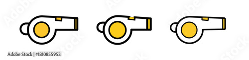 Three identical cartoon-style whistles with yellow circles inside, set against a white background.