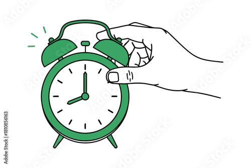 A simple line drawing of a hand turning off a ringing green twin-bell alarm clock.