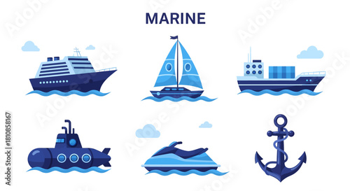 Flat illustration set of marine vessels and an anchor on a white background