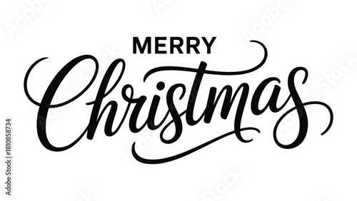 Elegant Merry Christmas Hand-Lettered Typography Design in Black Script Style, Decorative Festive Holiday Text Suitable for Seasonal Greeting Cards, Winter Posters, and Celebration Graphics