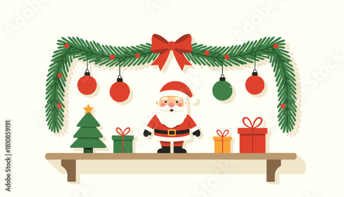 Santa Claus with gifts and Christmas decorations on a shelf  
