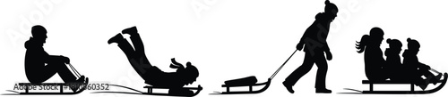 Kids sledding winter silhouette strip with snow play and sled activities