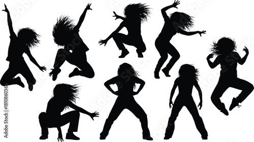 Dance silhouette poses, freestyle movement, energetic posture, black vector illustration, contemporary dancer, body expression, rhythm, performance art, motion concept