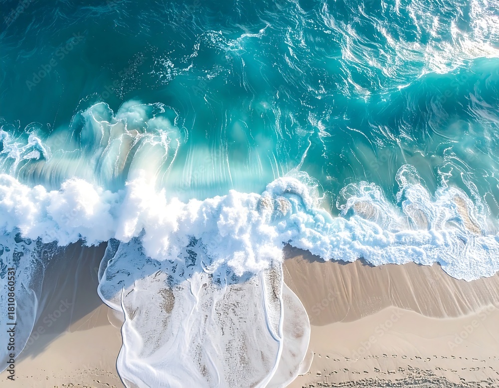 Fototapeta premium Aerial view of foamy ocean waves crashing onto a sandy beach (2)