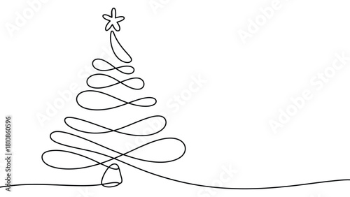 Minimal One-Line Christmas Tree Illustration with Continuous Single Line Drawing Style Featuring Star Topper and Elegant Holiday Design for Modern Seasonal Greeting Cards and Decor
