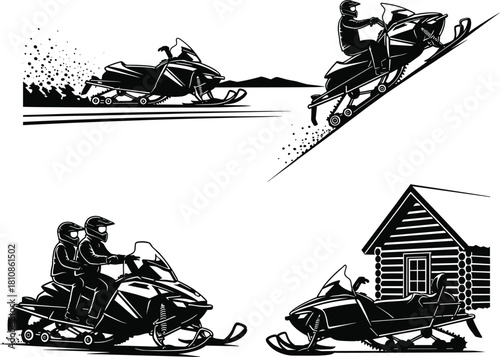 Snowmobile silhouettes vector set with riders winter sports and mountain action