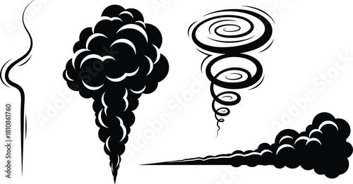 Smoke cloud and tornado silhouettes vector set for wind and vapor effects