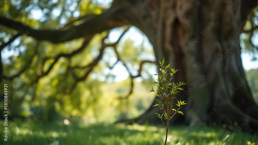 Obraz premium A young green sapling growing at the base of a large ancient oak tree. 