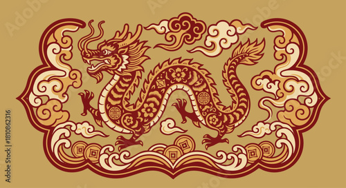 Zodiac Animal Theme
Chinese zodiac animal of the year depicted in decorative Asian folk-art style, red-and-gold motifs, stylized clouds, elegant and auspicious design. flat vector style