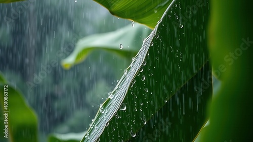  Heavy raindrops hitting banana leaves during storm, water splashing with dramatic lighting. 