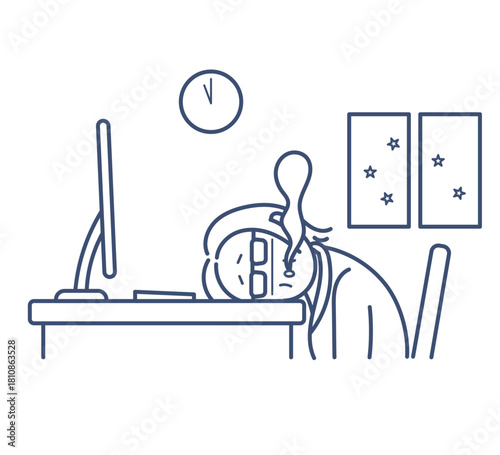 残業で疲労している40代女性のイラスト　線画のみ