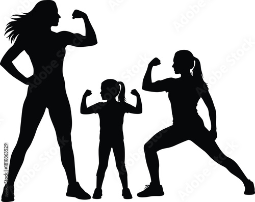 Family fitness silhouette, flexing pose, strength unity, black vector illustration, parent child workout, empowerment concept, healthy lifestyle, group exercise