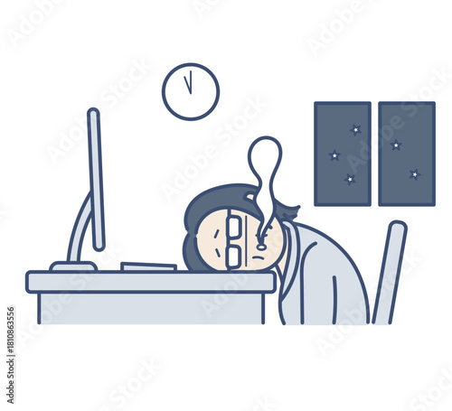 残業で疲労している40代女性のイラスト