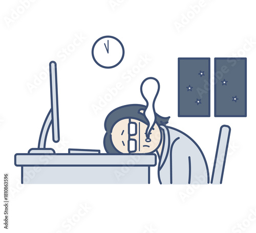 残業で疲労している40代女性のイラスト