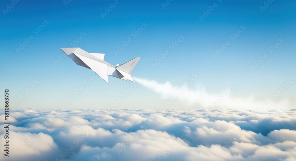 Fototapeta premium Paper airplane soars above fluffy clouds against a bright blue sky symbolizing ambition and