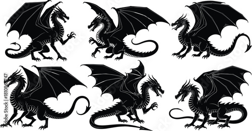 Mythological Flying Creatures in Various Poses for Fantasy, Gaming, Mascot, and Medieval Design Graphics