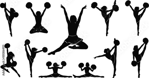 Female Cheerleaders in Dynamic Jump, Split, and Pom Pom Poses for Sports, Team Spirit, and Pep Squad Graphics