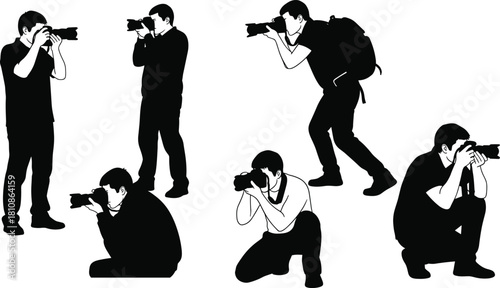 Man Taking Photo with DSLR Camera, Posing, Squatting, and Kneeling for Media and Creative Hobby Graphics